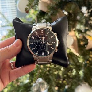 Fossil Chronograph Black Dial Silver Band Watch